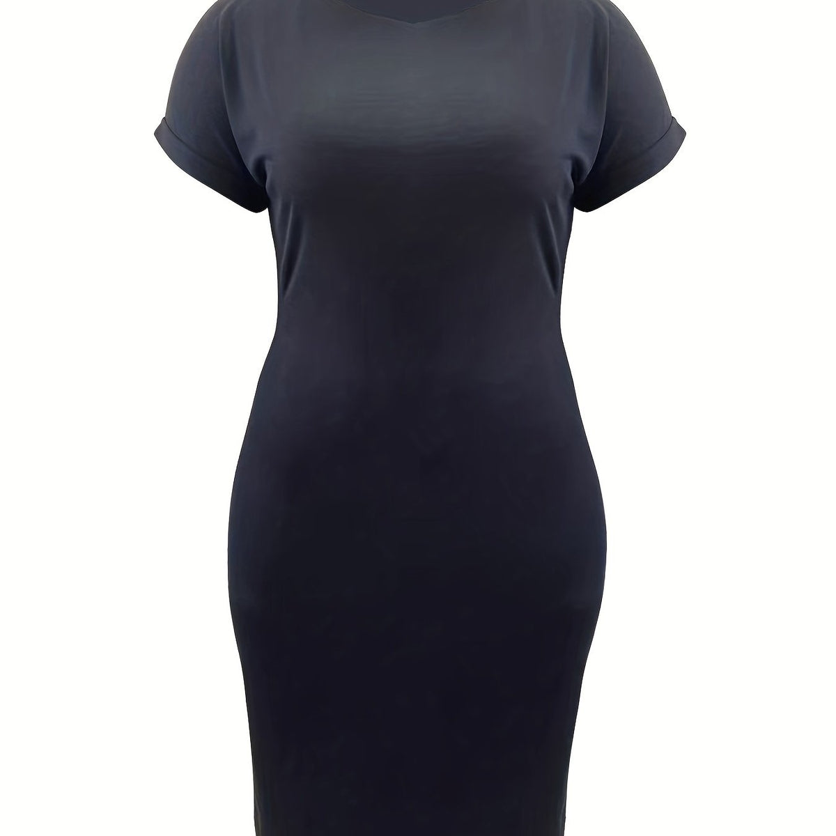  Solid Roll Up Short Sleeve Bodycon Midi Dress