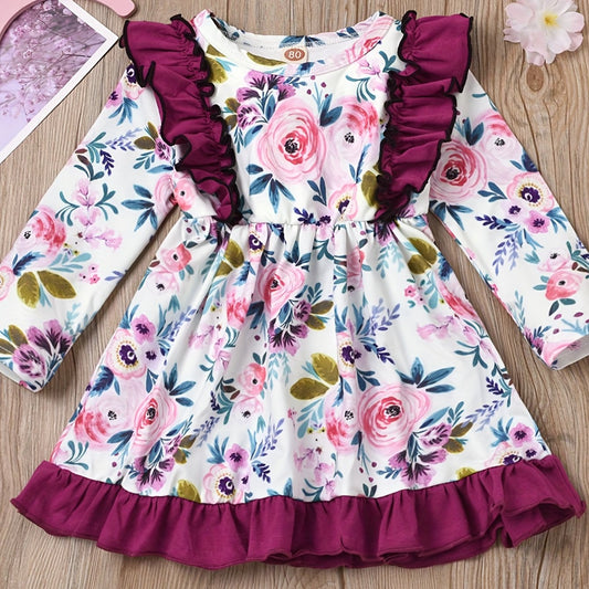 Baby Girls Princess Floral Ruffles Dress Long Sleeve Casual Kids Dress