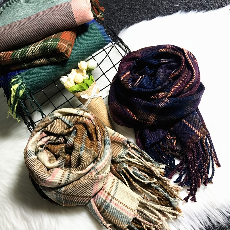 Plaid Tassel Scarf Women's Long Shawl Winter Warm Large Scarf