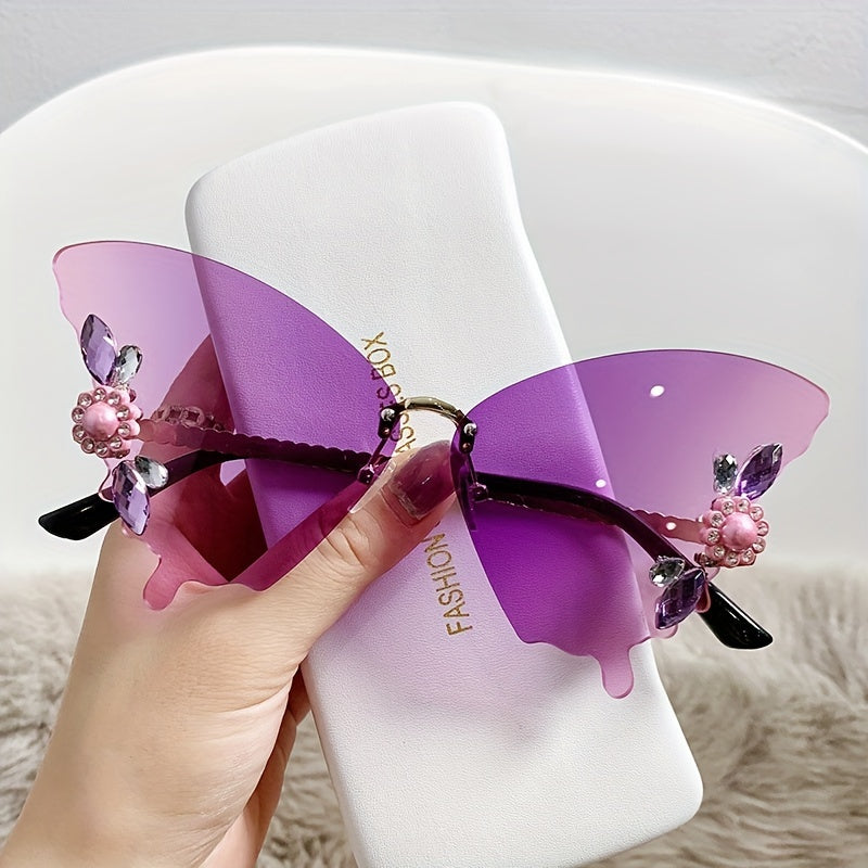 Rhinestone Gradient Butterfly Rimless Sunglasses UV400