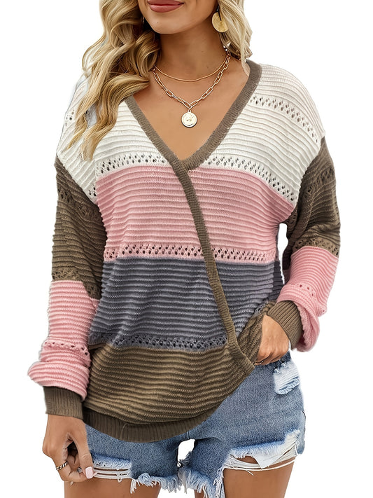 Block Eyelet Pullover V Neck Sweater Long Sleeve