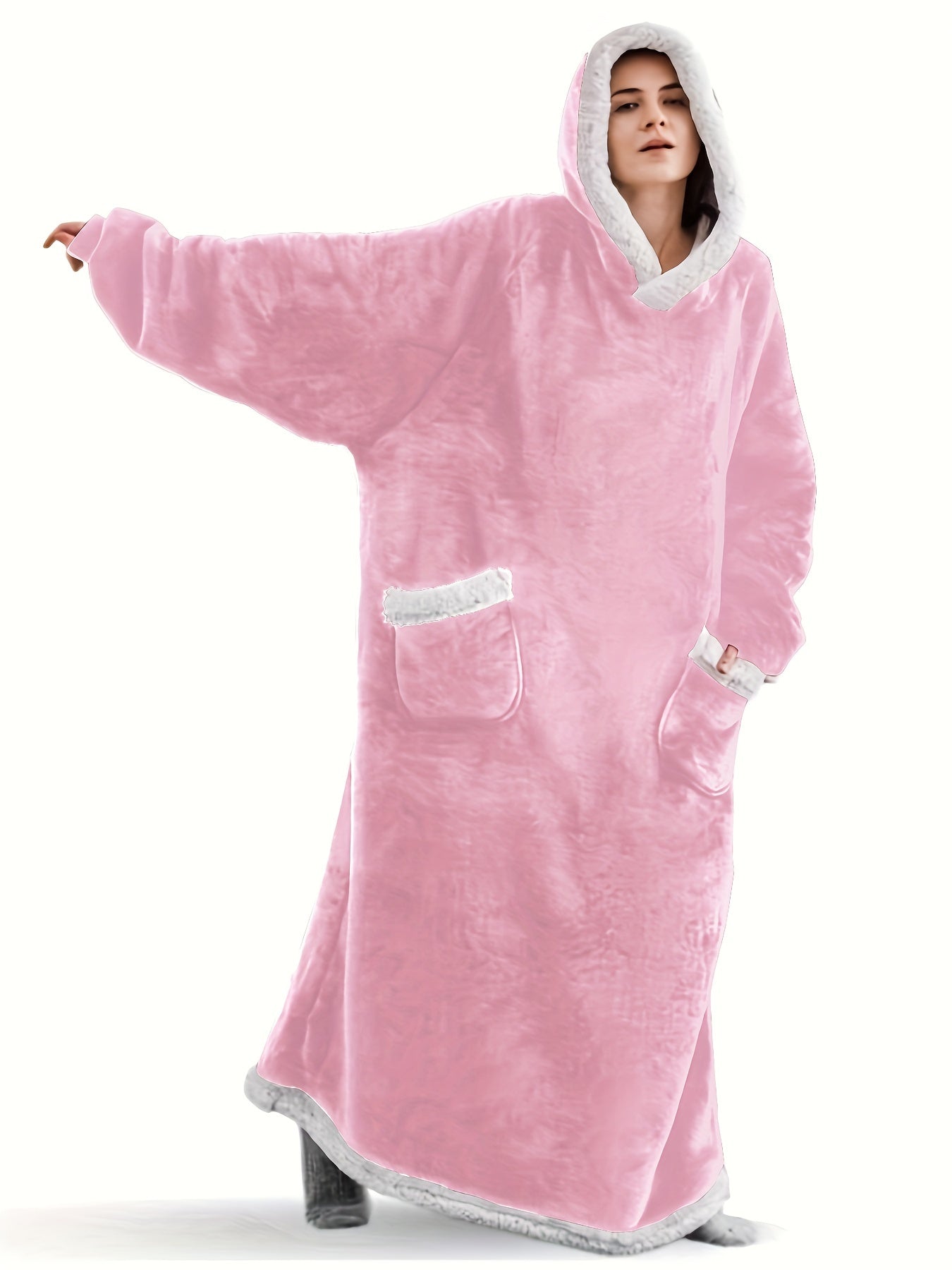 Women's Plus Size Long Fleece Hoodie Robe with Pockets
