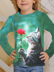 Cartoon Kitty & Rose Flower Long Sleeve T shirt Girls Spring Fall