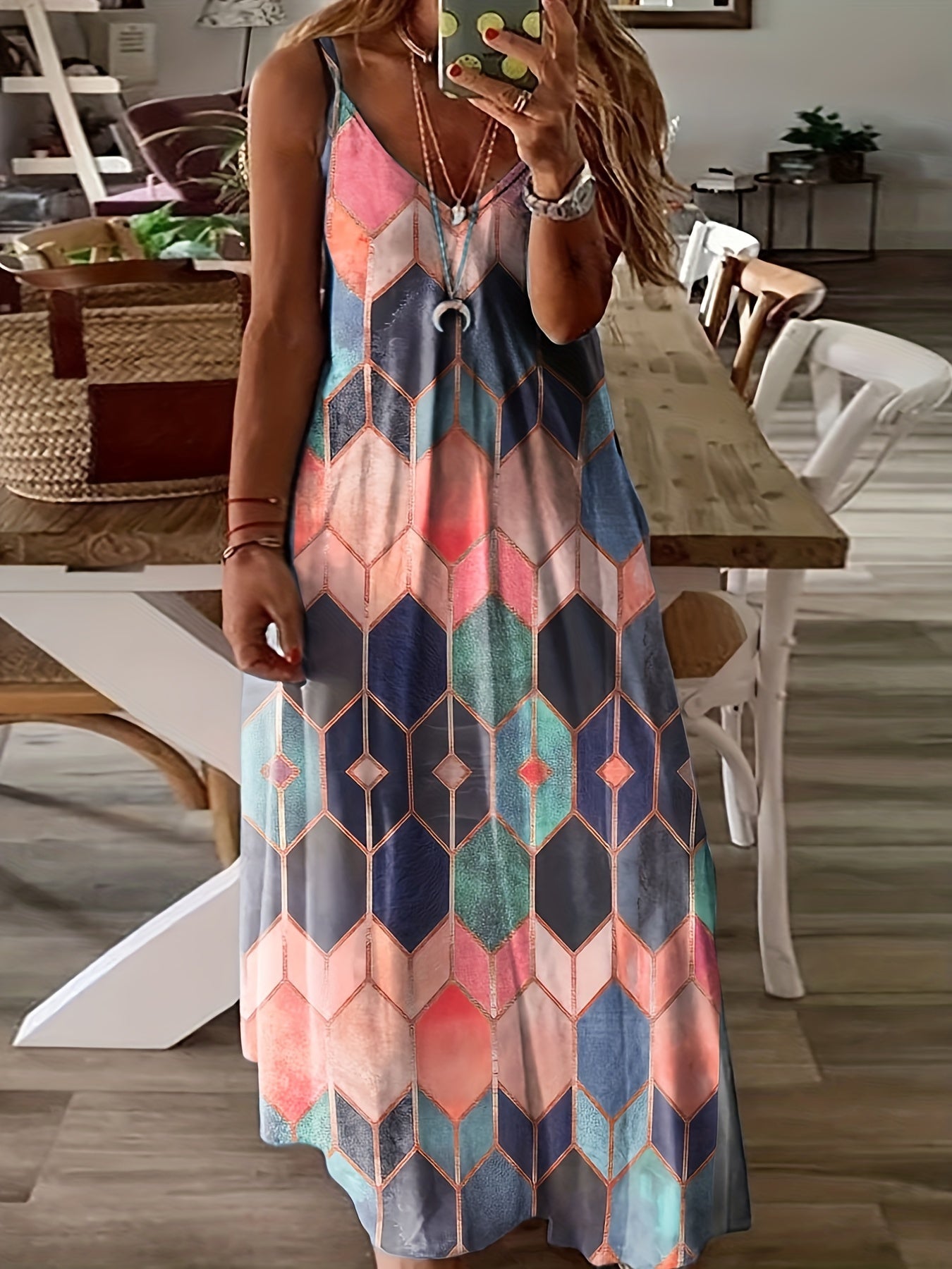  Geometric Print Cami Maxi Dress Spaghetti Strap V Neck Long Dress