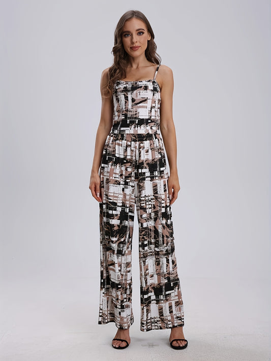 Geo Print Set Spaghetti Strap Top & Wide Leg Pants Outfit