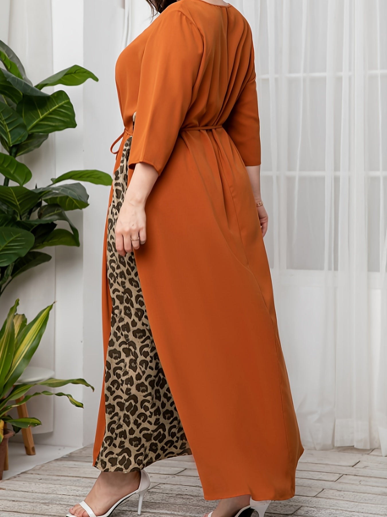  Colorblock Leopard Print Kaftan Maxi Dress with Belt
