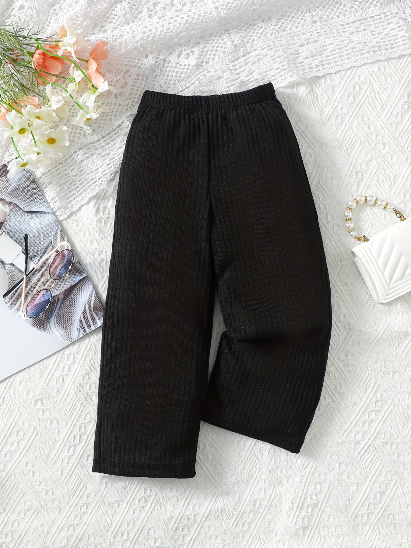 Girl's Rib Knit Elastane High Elastic Waist Casual Trousers
