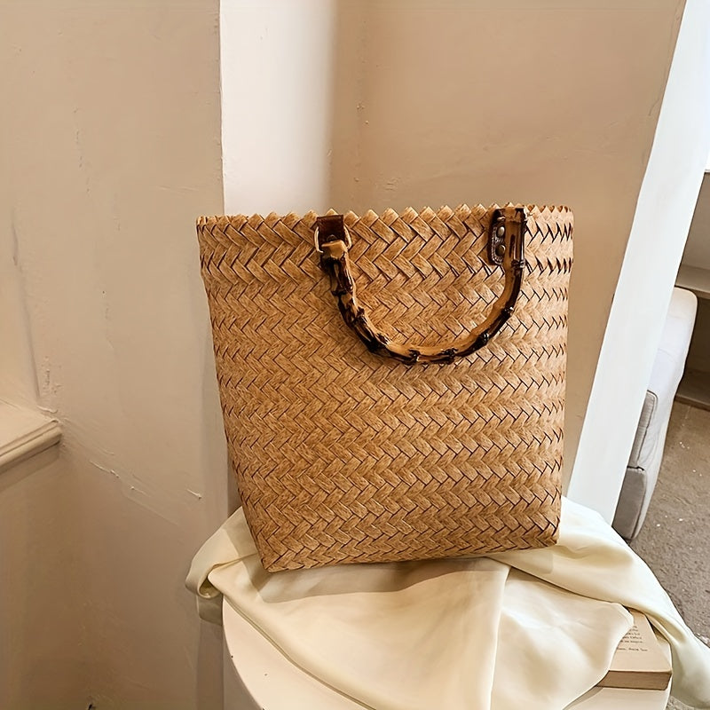 Straw Woven Beach Bag with Bamboo Handle Boho Style Handbag