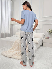 Panda Print Pajama Set Short Sleeve Top & Pants Women's Sleepwear
