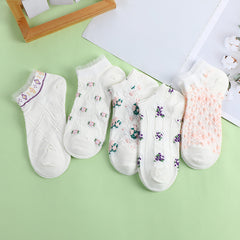 5 Floral Print Ruffle Ankle Socks Women's Stockings