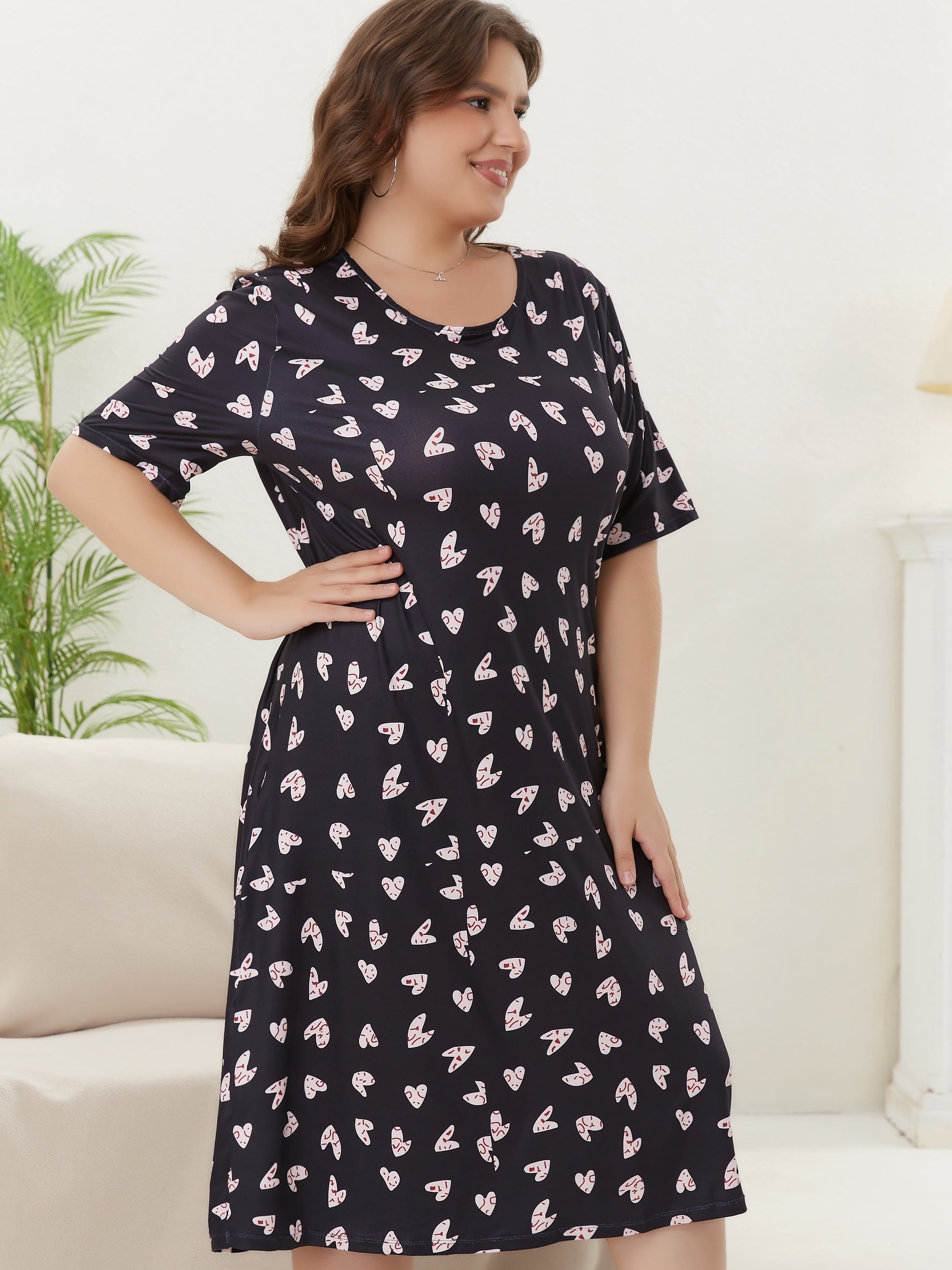 Heart Print Short Sleeve Tee Sleep Dress