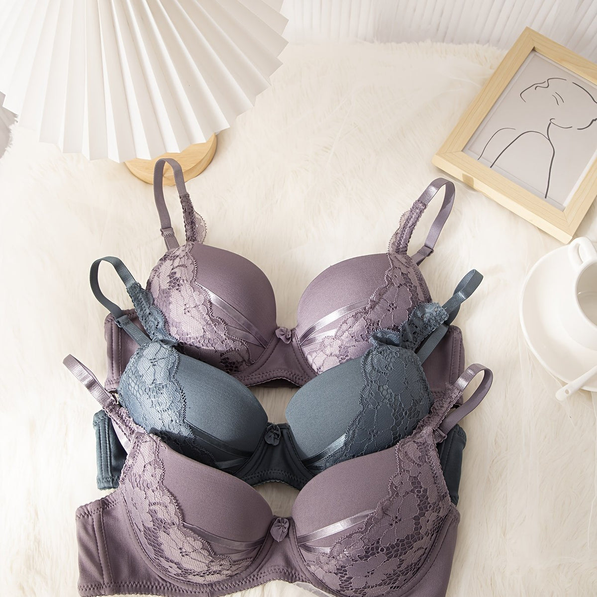 3pcs Lace Push Up Bras Comfy & Breathable Women's Lingerie