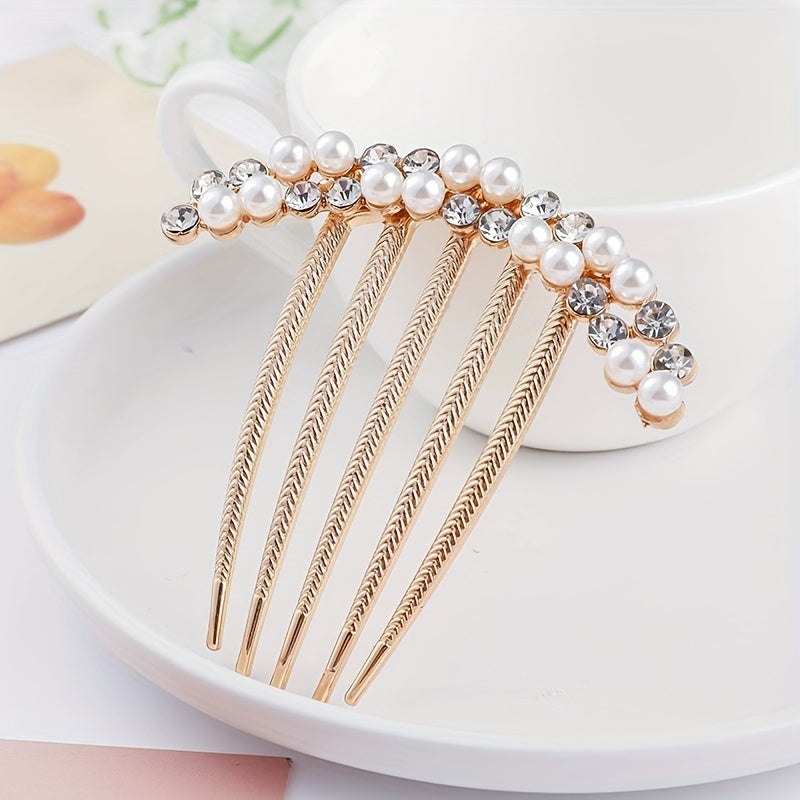 Rhinestone Faux Pearl Hair Comb Pin for Women