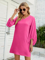 Solid V Neck Lantern Sleeve Mini Dress