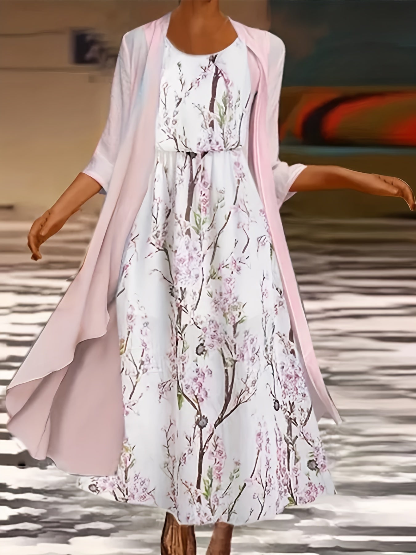  2-Piece Set: Solid Cover Up & Floral Print Tank Dress