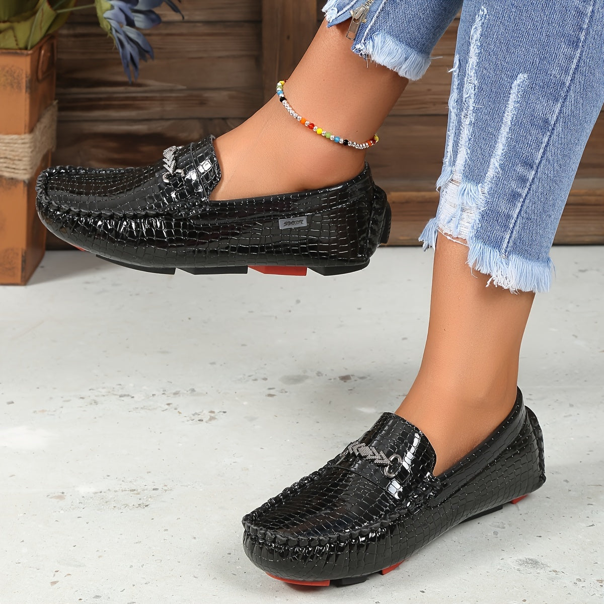 Women's Metallic Decor Loafers Slip On Low Round Toe Non-slip Patent Leather