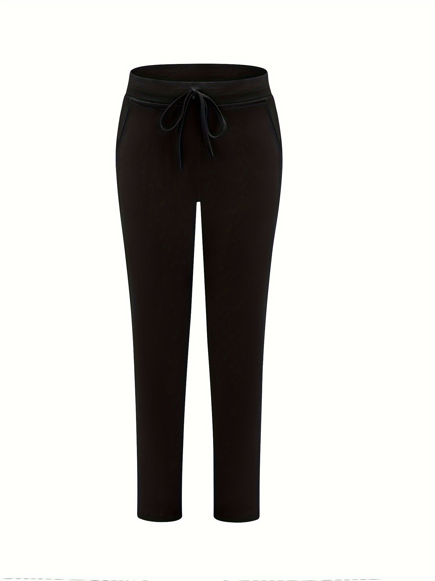  Solid Elastic High Rise Trousers With Pockets