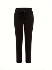  Solid Elastic High Rise Trousers With Pockets
