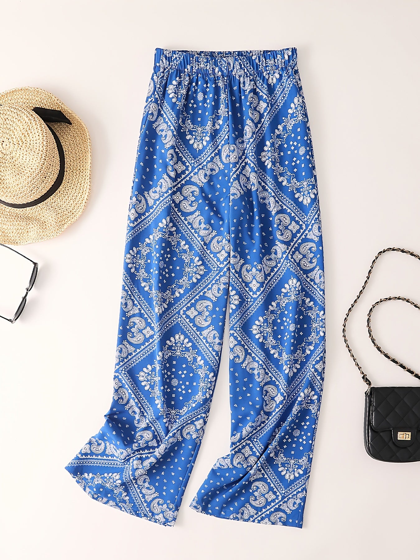 Paisley Scarf Print Wide Leg Pants Boho Casual Loose Pants