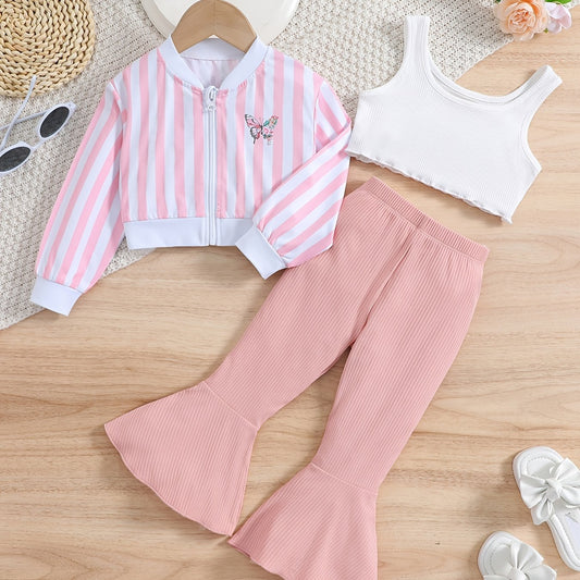 Girls Sleeveless Crop Tank Top Pants Striped Butterfly Jacket Set