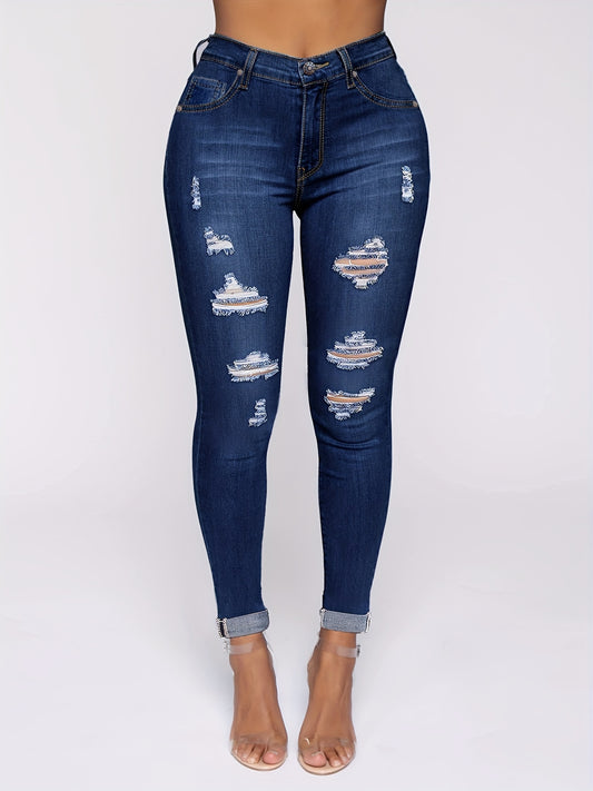 Dark Ripped Holes Skinny Jeans Slim Fit