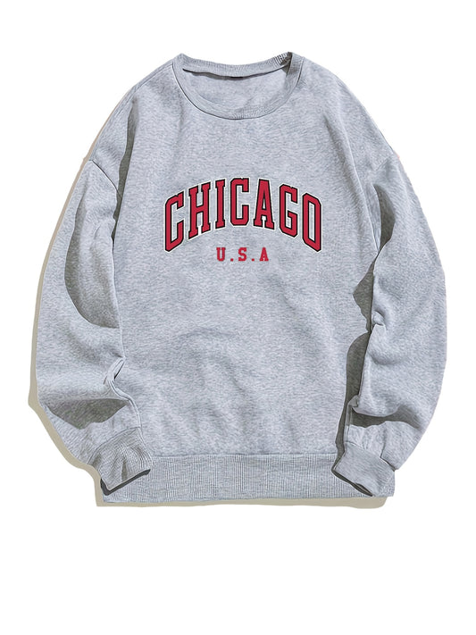 Chicago Print Sweatshirt Long Sleeve Crew Neck for Women