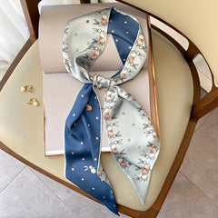Floral Print Satin Twilly Scarf Hair Ribbon Silk Double Layer Neckwear