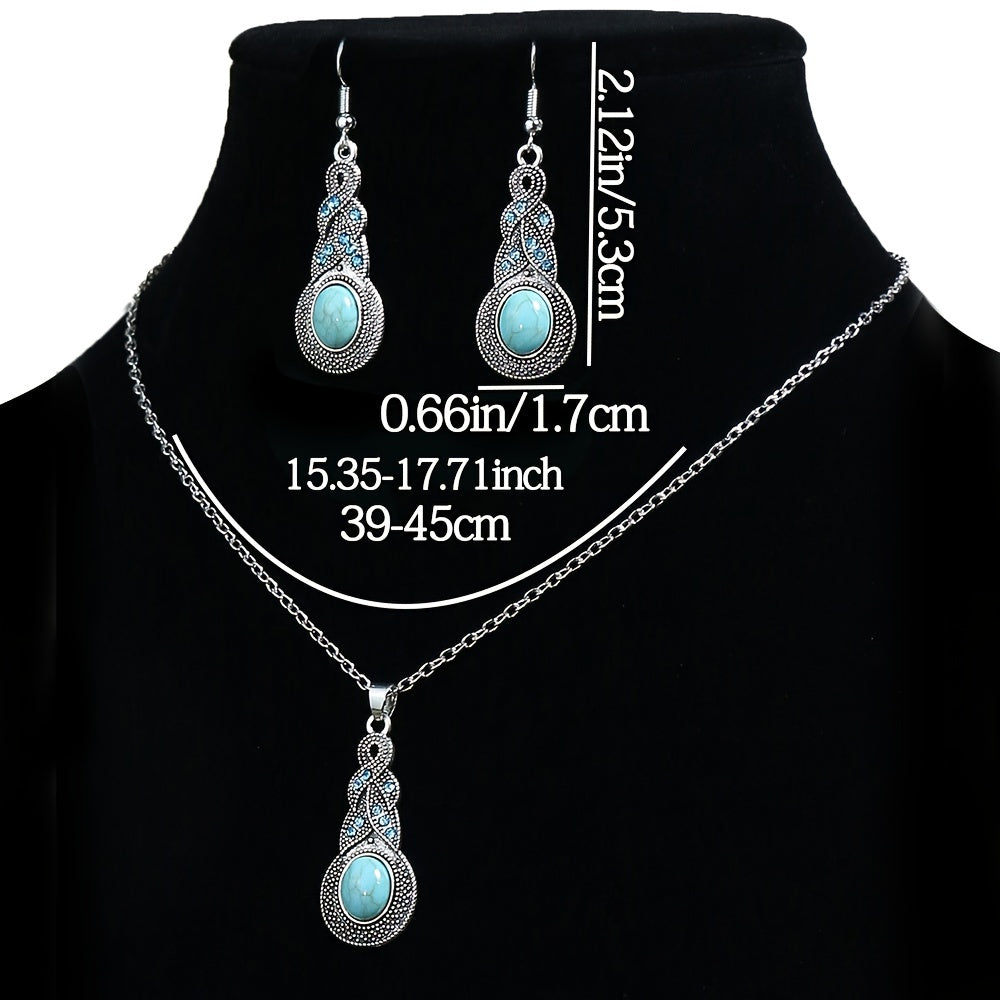 Bohemian Turquoise Inlaid Rhinestones Water Drop Earrings Necklace Set