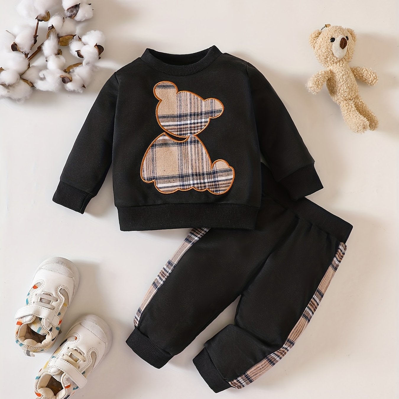 Baby Plaid Bear Embroidery Set Sweatshirt Tops Pants