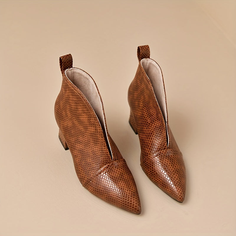 Women's Retro Heeled Ankle Boots Snakeskin Print Slip On High Heels