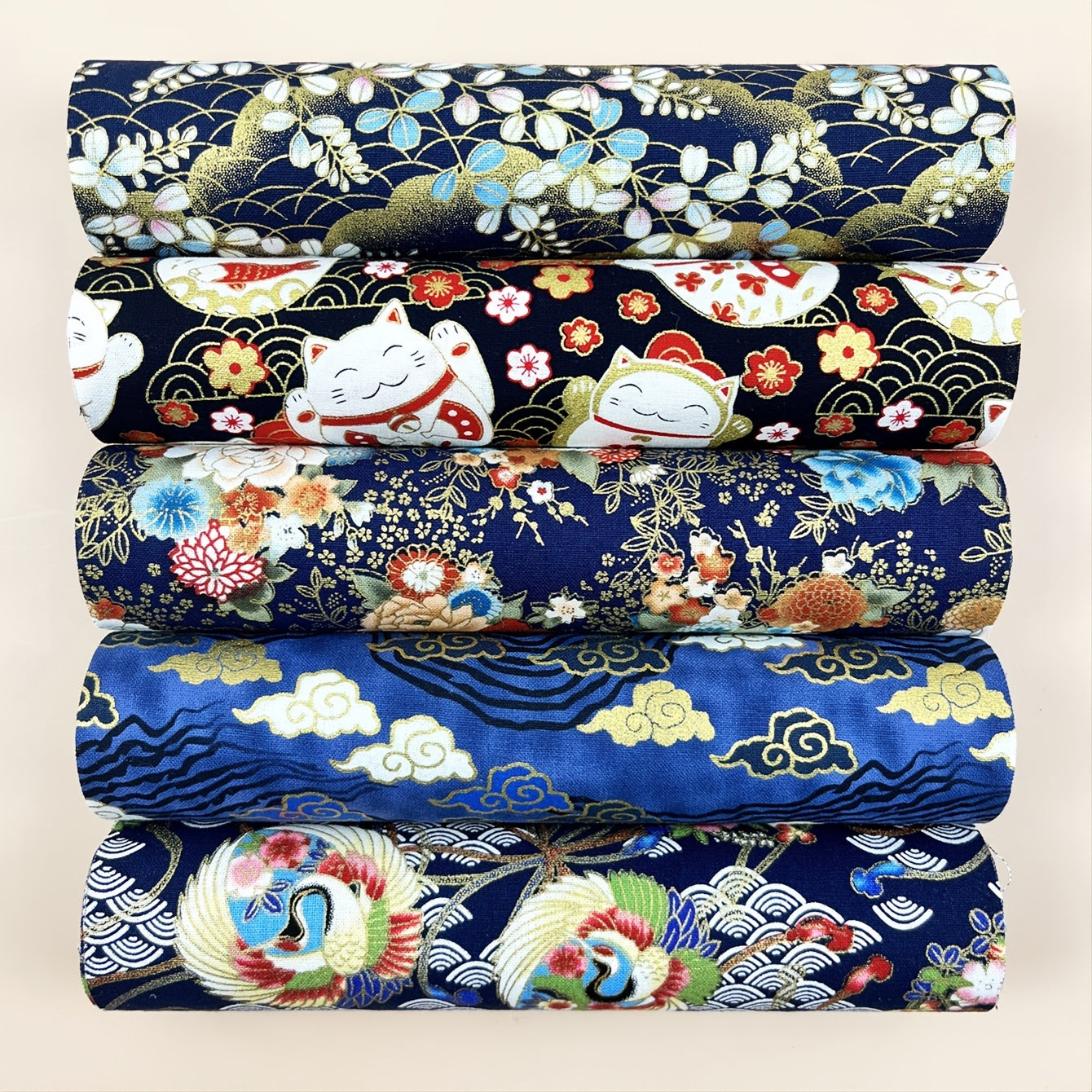 5pcs Dark Cotton Fabric Cat & Flower Printed Cheongsam Fabric