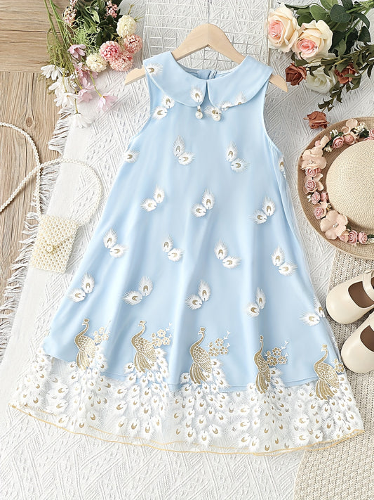 Girls Peacock Feather Print Dress - Sleeveless Summer Dress