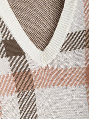  Gingham V Neck Sweater High Stretch Casual