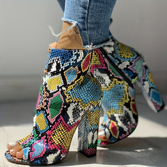 Multicolor Snakeskin Pattern Peep Toe Ankle Boots