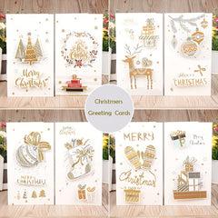 8pcs Merry Christmas Greeting Cards Envelopes Golden Stamping Applique DIY Xmas
