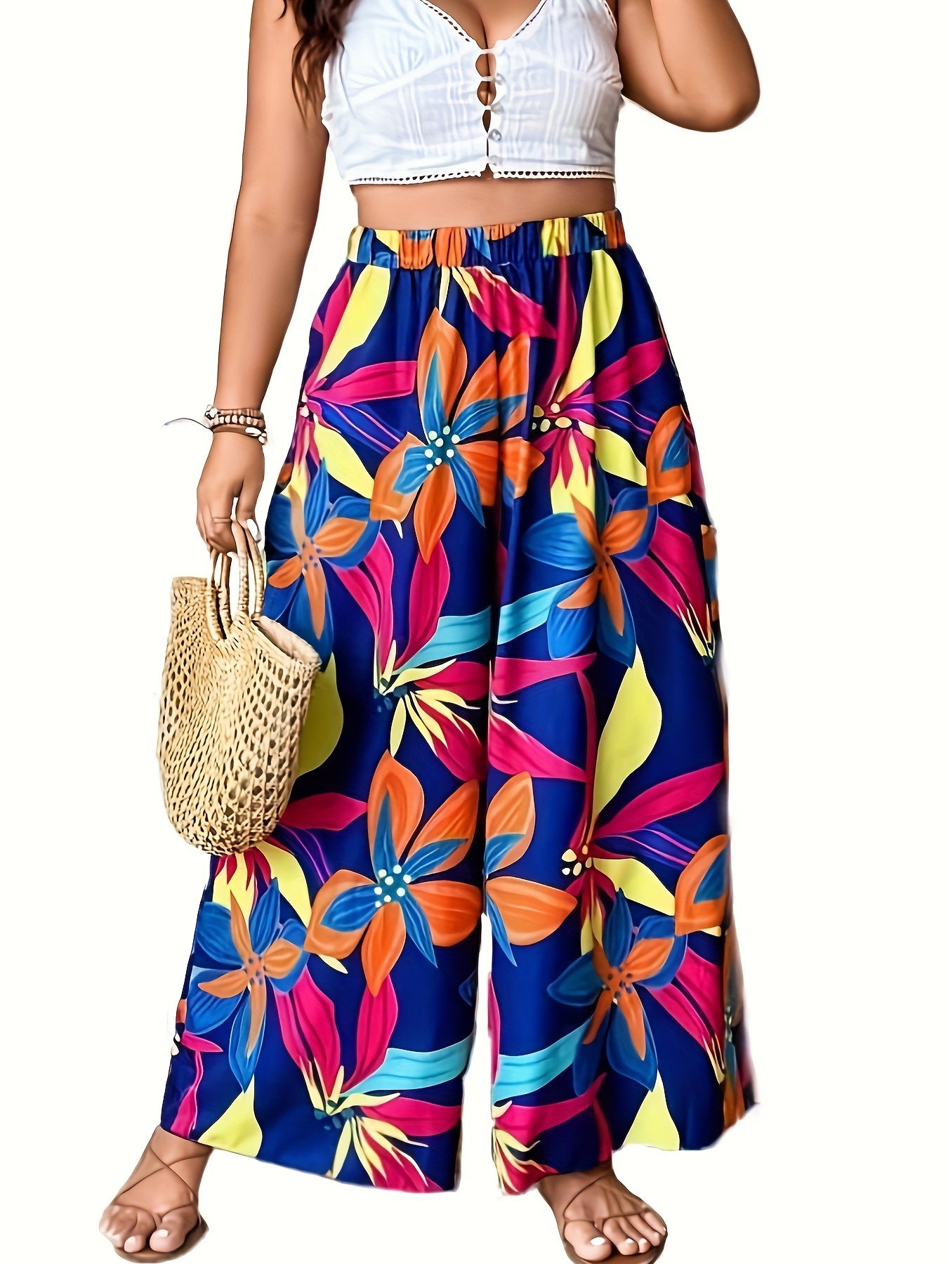 Plus Tropical Print High Rise Wide Leg Trousers