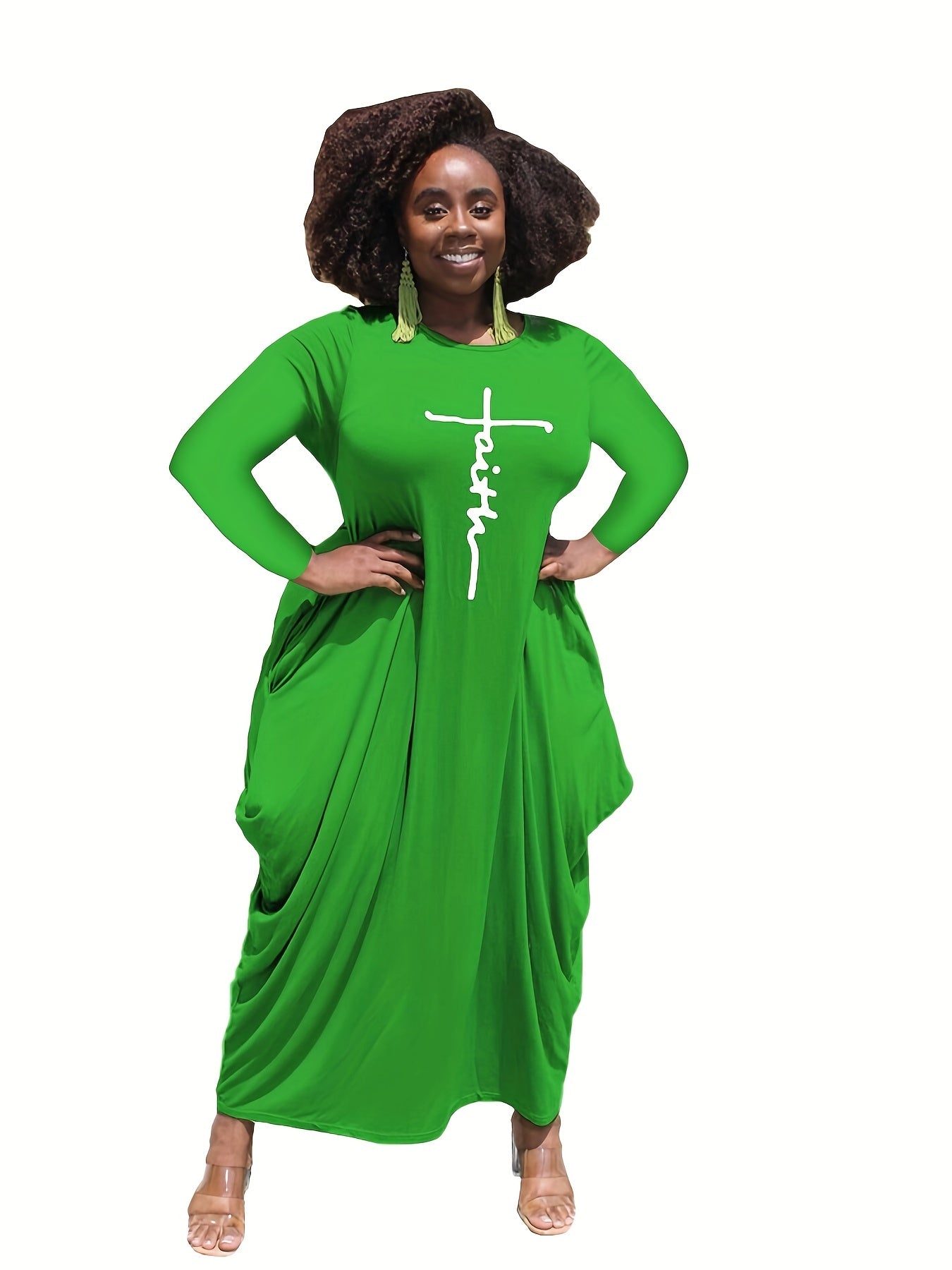 Women's Plus Cross Letter Print Maxi Dress With Pockets