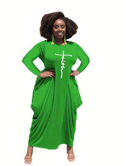 Women's Plus Cross Letter Print Maxi Dress With Pockets