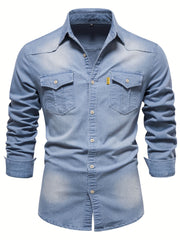 Cotton Denim Shirt Men Long Sleeve Cowboy Shirts Casual Slim Fit