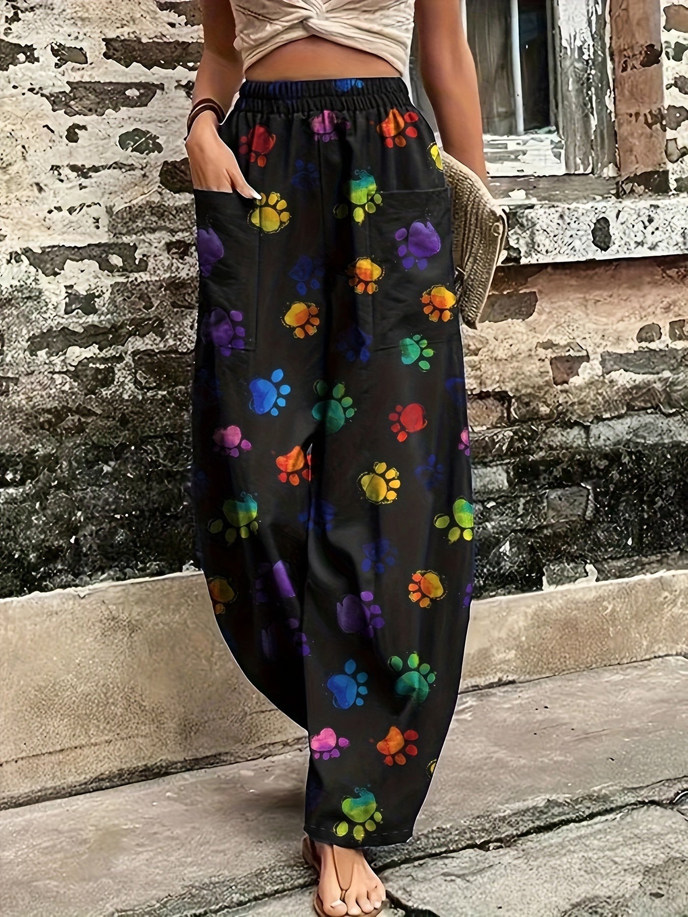 Women's Plus Colorful Paw Print Loose Fit Trousers With Pockets