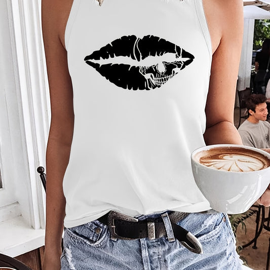 Lip Print Tank Top Crew Neck Summer Sleeveless Top Women's Clothing
