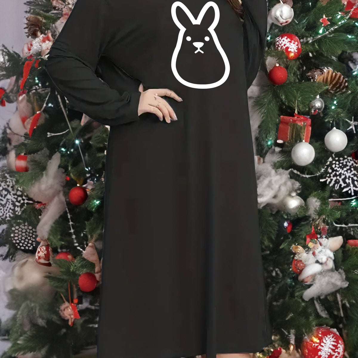  Rabbit Print Long Sleeve Round Neck Sleep Dress
