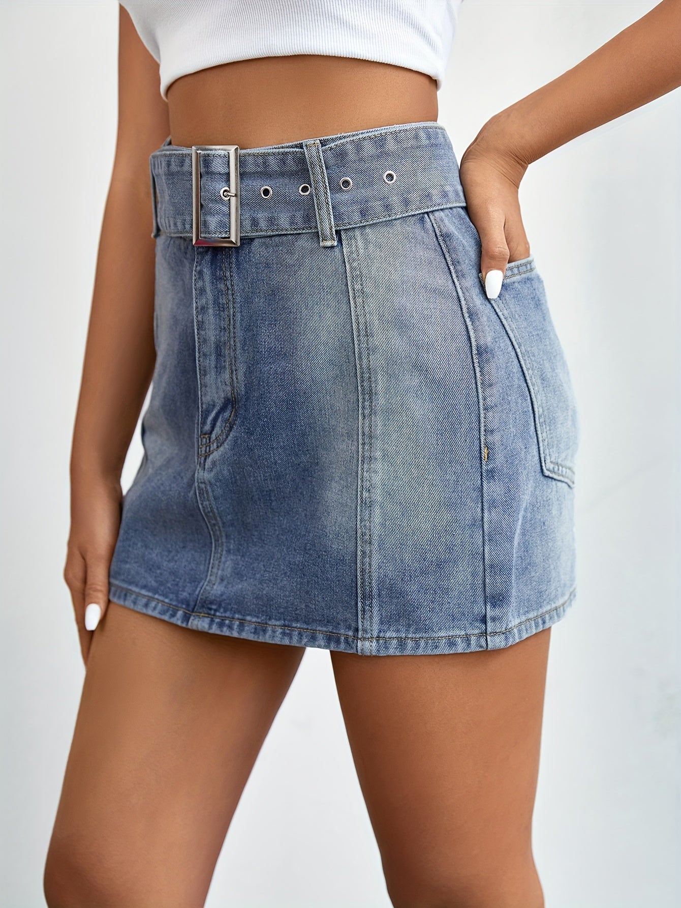 Adjustable Belt High Waist Mini Denim Skirt Women's Clothing