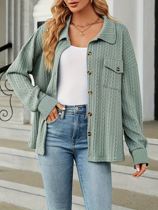  Solid Jacquard Button Up Long Sleeve Shacket