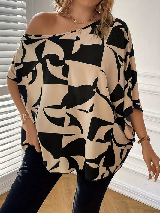  Colorblock Geo Print One Shoulder Short Sleeve Top