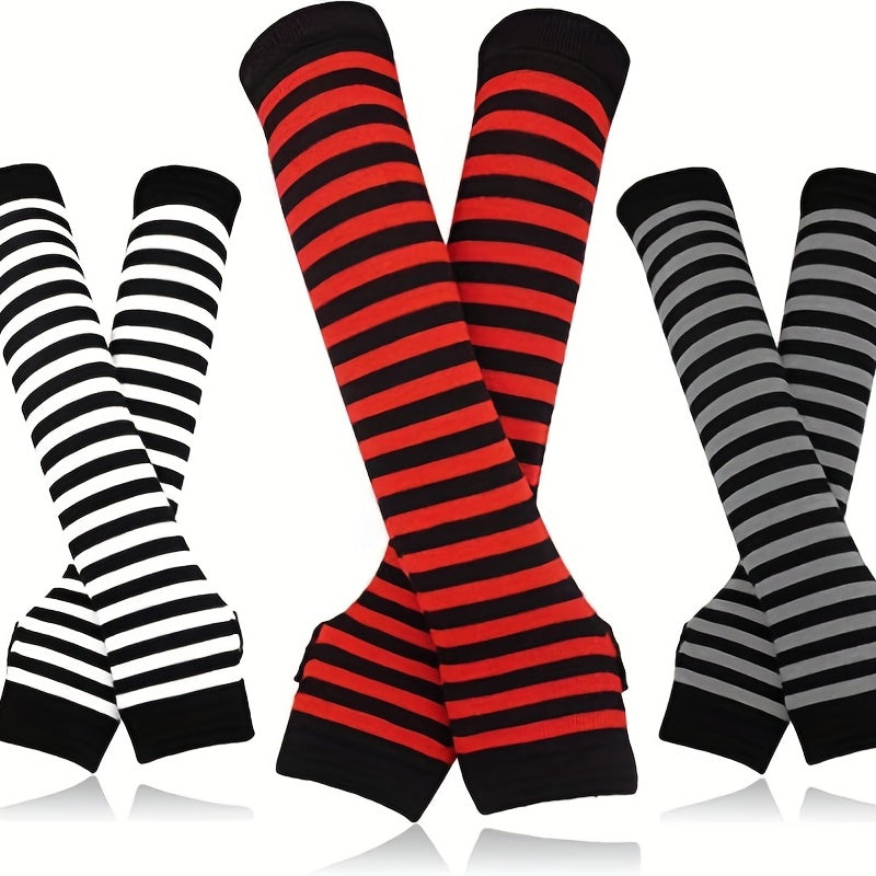 Striped Knitted Gloves Fingerless Arm Warm Long Sleeve With Thumb Hole for Women