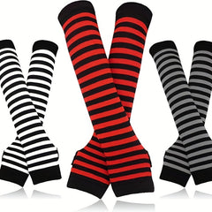 Striped Knitted Gloves Fingerless Arm Warm Long Sleeve With Thumb Hole for Women