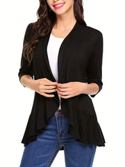  Solid 3/4 Sleeve Open Front Ruffle Trim Cardigan