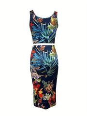 Floral Print Skirt Set Crop Tank Top & Bodycon Skirt