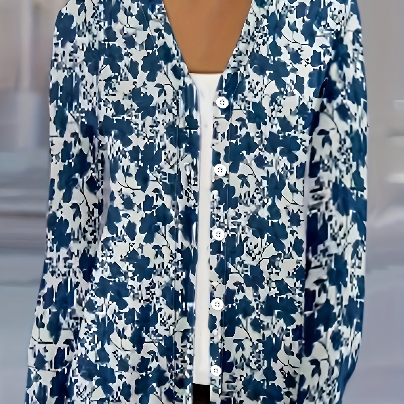  Floral Print Button Up V Neck Blouse